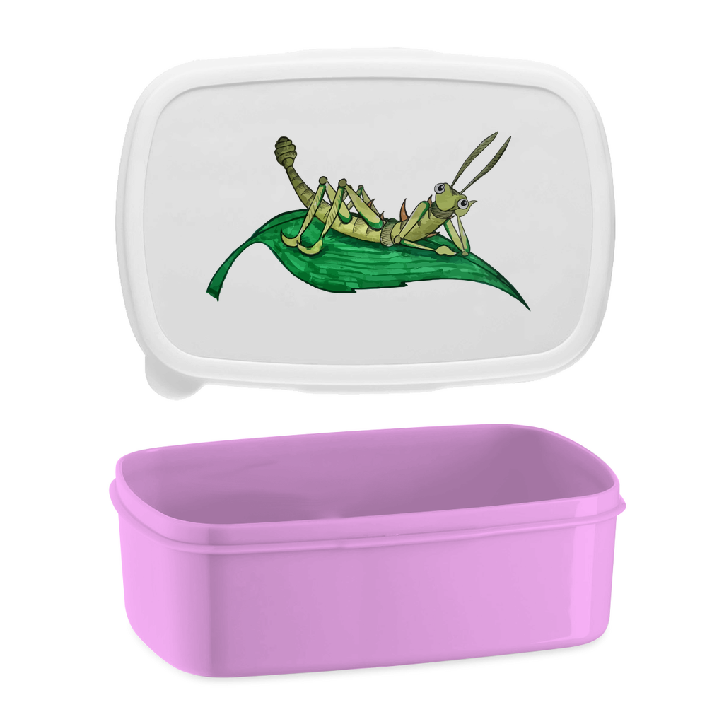 Lunchbox Krabbelcrew Dornschrecke Kasimir liegt auf einem Blatt