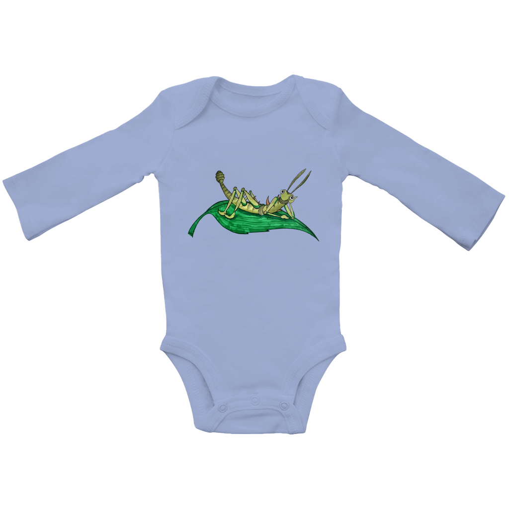 Baby Bio Bodysuite Langarm Krabbelcrew Dornschrecke Kasimir liegt auf einem Blatt