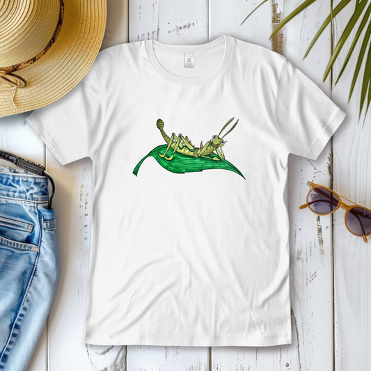 Damen T-Shirt Krabbelcrew Dornschrecke Kasimir liegt auf einem Blatt