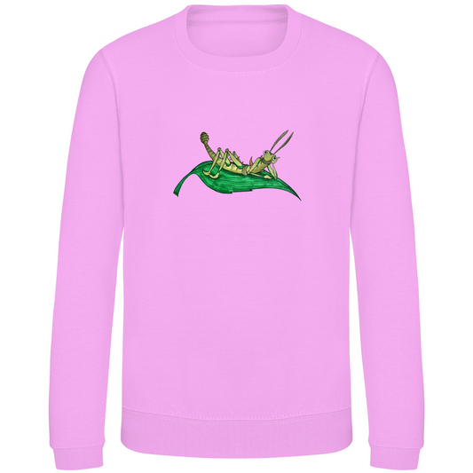 Kinder Sweatshirt Krabbelcrew Dornschrecke Kasimir liegt auf einem Blatt