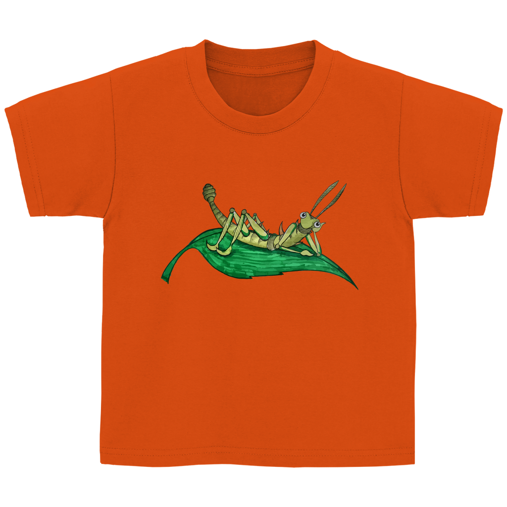 Kinder Basic T-Shirt Krabbelcrew Dornschrecke Kasimir liegt auf einem Blatt