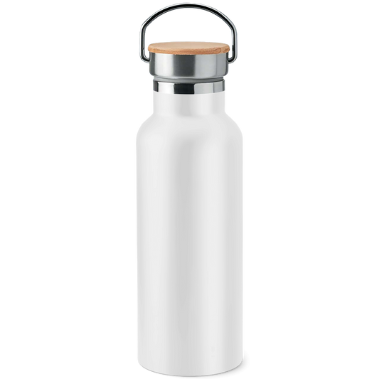 Edelstahl-Trinkflasche mit Bambusdeckel Umlaute sind blod