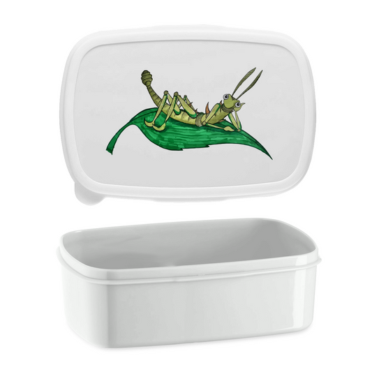 Lunchbox Krabbelcrew Dornschrecke Kasimir liegt auf einem Blatt