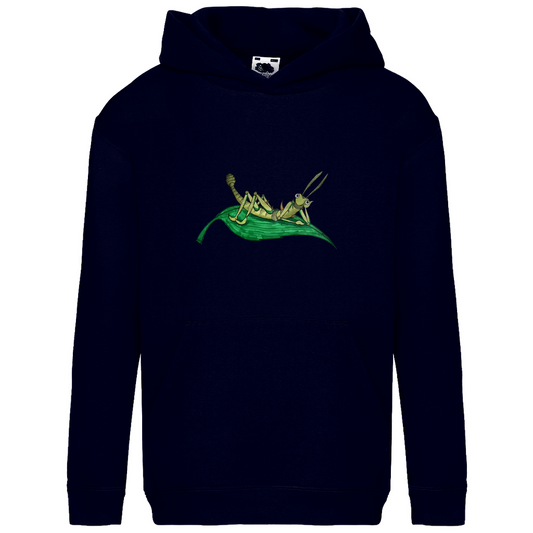 Kids Basic Hoodie Krabbelcrew Dornschrecke Kasimir liegt auf einem Blatt