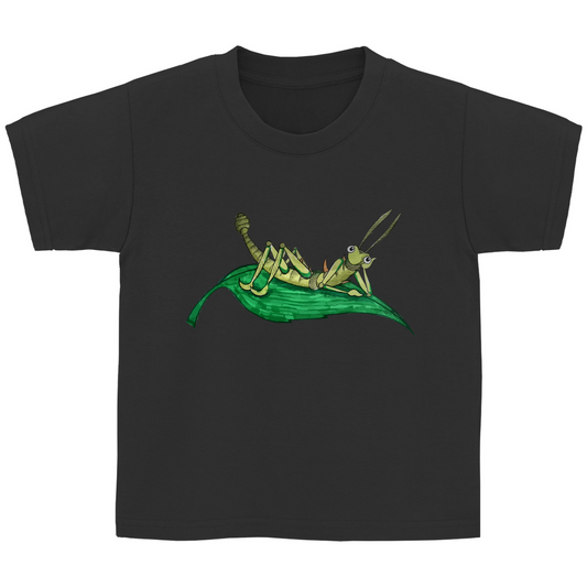 Kinder Basic T-Shirt Krabbelcrew Dornschrecke Kasimir liegt auf einem Blatt