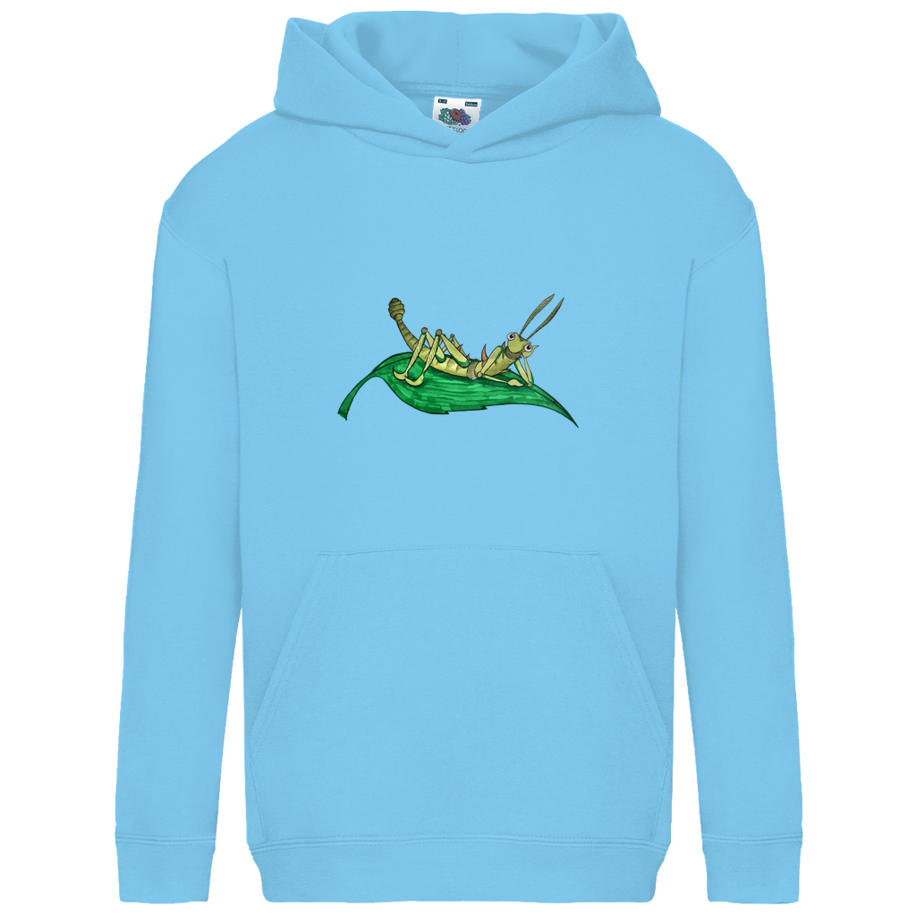 Kids Basic Hoodie Krabbelcrew Dornschrecke Kasimir liegt auf einem Blatt
