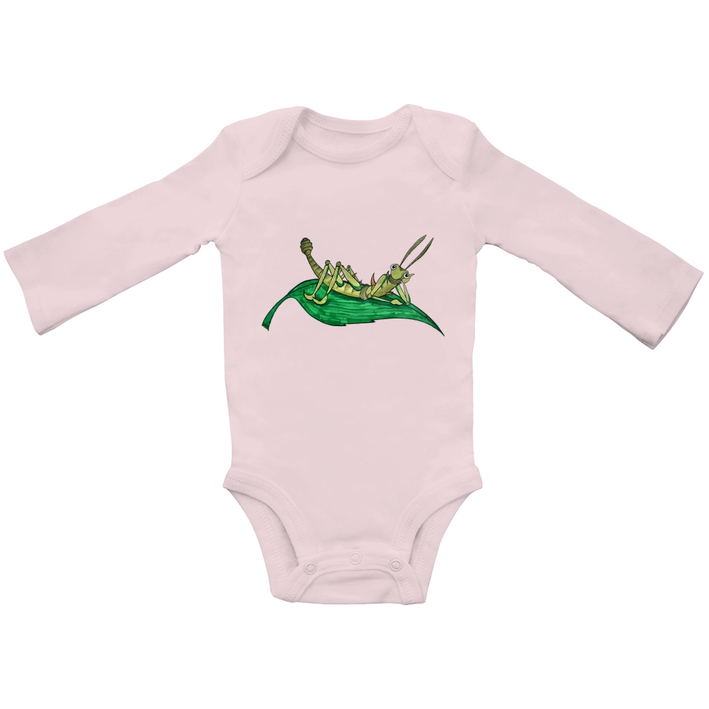 Baby Bio Bodysuite Langarm Krabbelcrew Dornschrecke Kasimir liegt auf einem Blatt