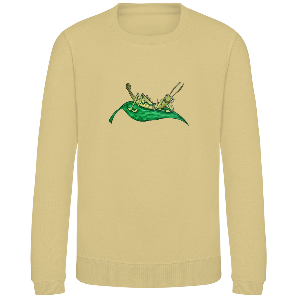 Kinder Sweatshirt Krabbelcrew Dornschrecke Kasimir liegt auf einem Blatt