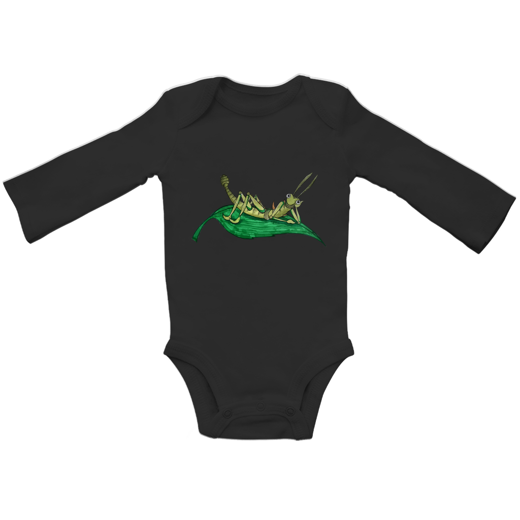 Baby Bio Bodysuite Langarm Krabbelcrew Dornschrecke Kasimir liegt auf einem Blatt