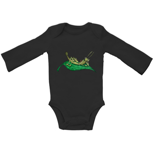 Baby Bio Bodysuite Langarm Krabbelcrew Dornschrecke Kasimir liegt auf einem Blatt