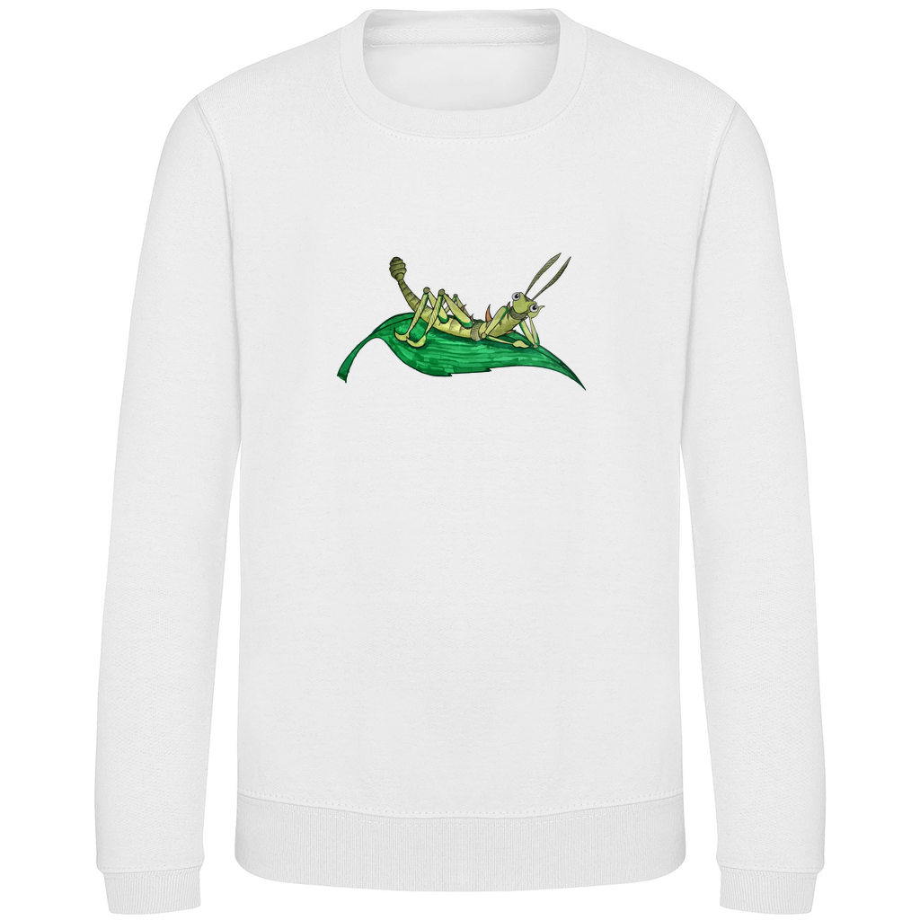 Kinder Sweatshirt Krabbelcrew Dornschrecke Kasimir liegt auf einem Blatt