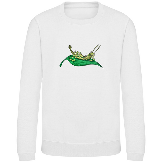 Kinder Sweatshirt Krabbelcrew Dornschrecke Kasimir liegt auf einem Blatt