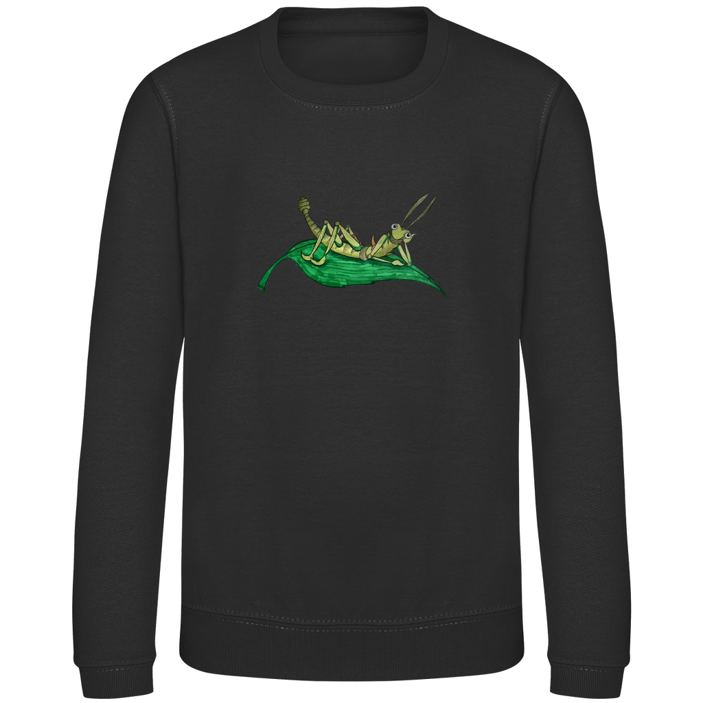 Kinder Sweatshirt Krabbelcrew Dornschrecke Kasimir liegt auf einem Blatt