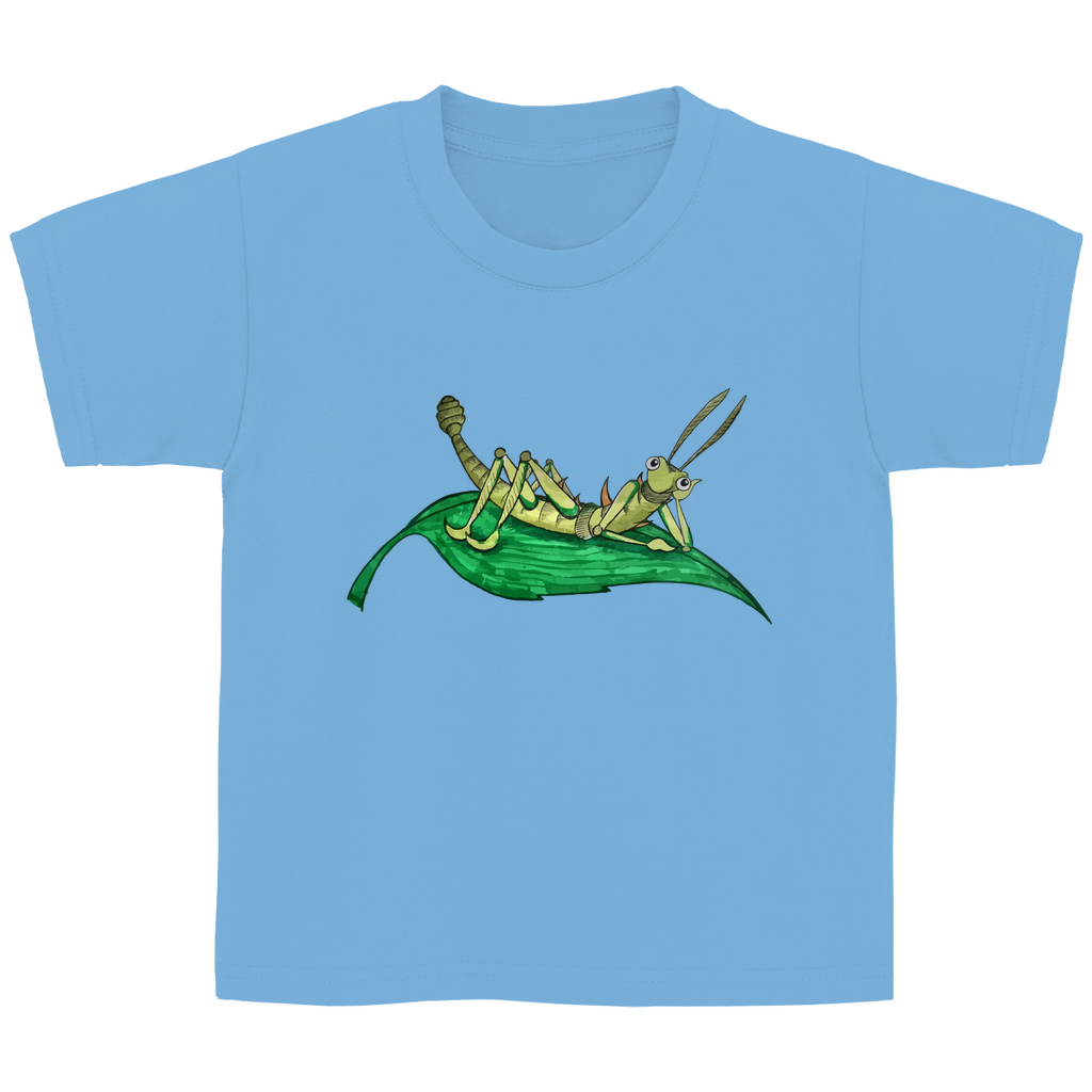 Kinder Basic T-Shirt Krabbelcrew Dornschrecke Kasimir liegt auf einem Blatt