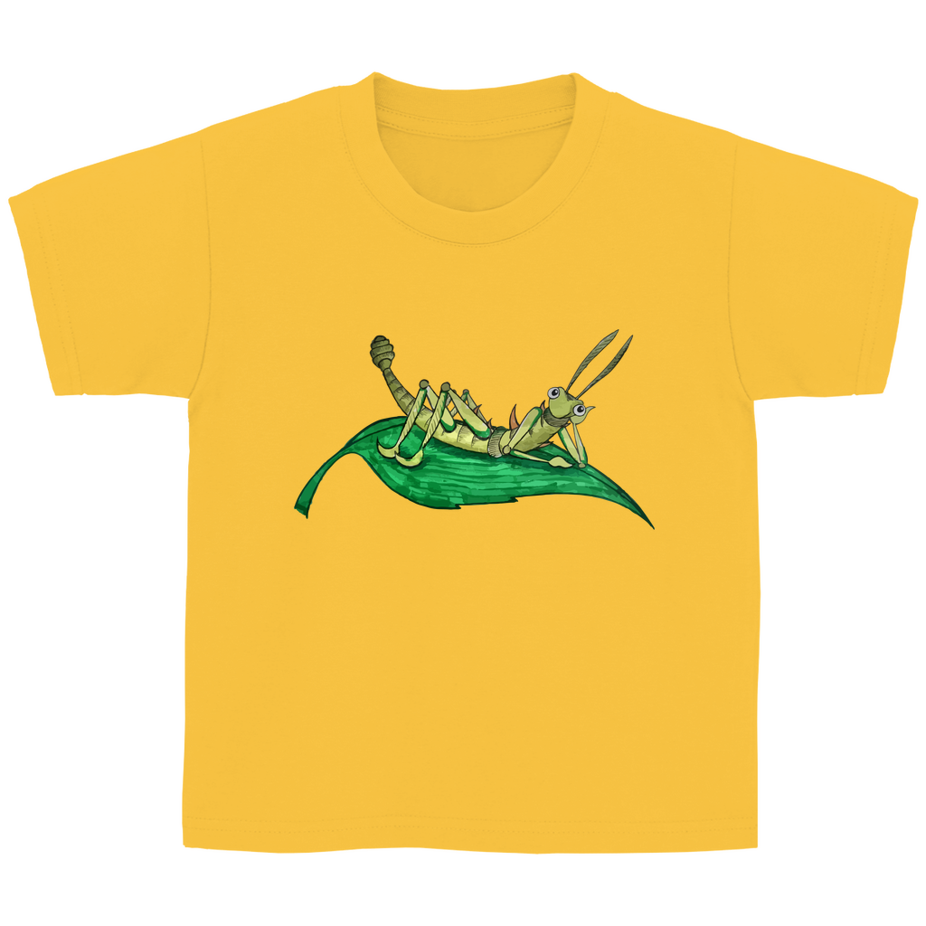 Kinder Basic T-Shirt Krabbelcrew Dornschrecke Kasimir liegt auf einem Blatt
