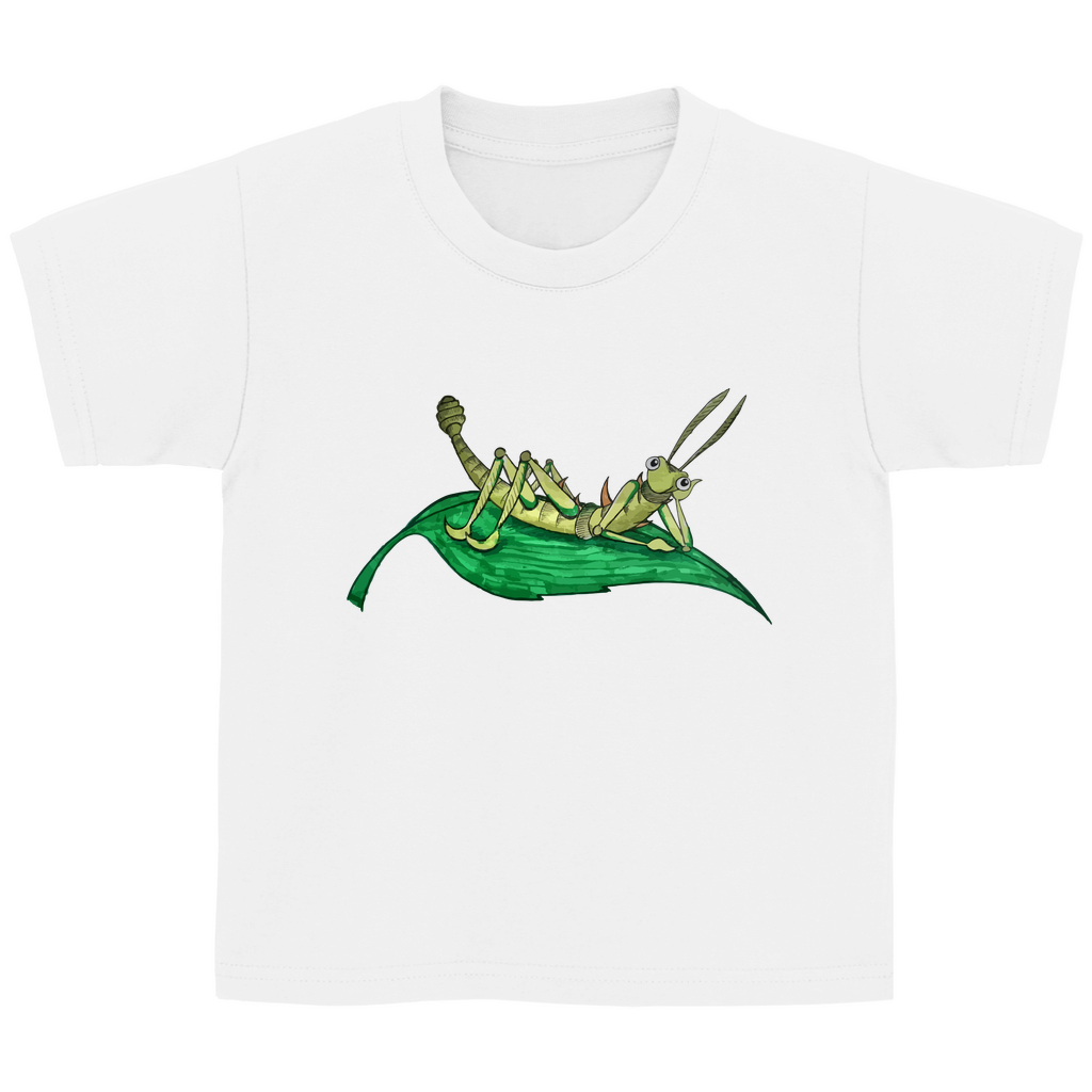 Kinder Basic T-Shirt Krabbelcrew Dornschrecke Kasimir liegt auf einem Blatt