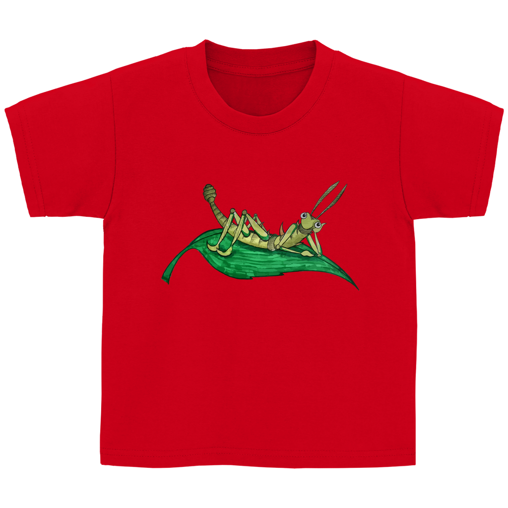 Kinder Basic T-Shirt Krabbelcrew Dornschrecke Kasimir liegt auf einem Blatt