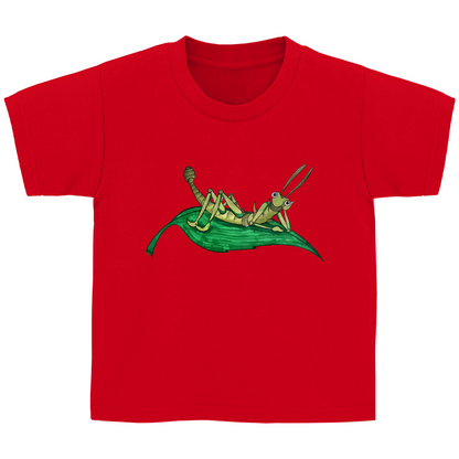 Kinder Basic T-Shirt Krabbelcrew Dornschrecke Kasimir liegt auf einem Blatt