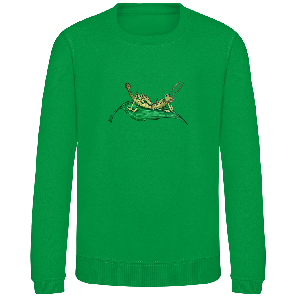 Kinder Sweatshirt Krabbelcrew Dornschrecke Kasimir liegt auf einem Blatt