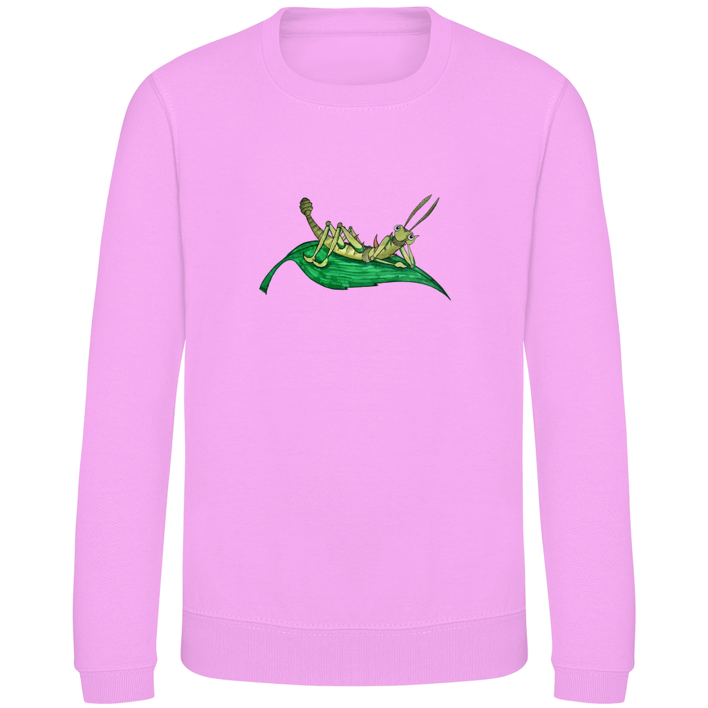Kinder Sweatshirt Krabbelcrew Dornschrecke Kasimir liegt auf einem Blatt