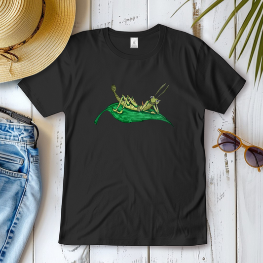 Damen T-Shirt Krabbelcrew Dornschrecke Kasimir liegt auf einem Blatt