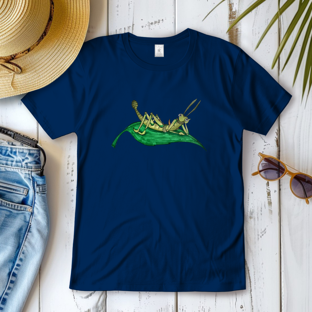 Damen T-Shirt Krabbelcrew Dornschrecke Kasimir liegt auf einem Blatt