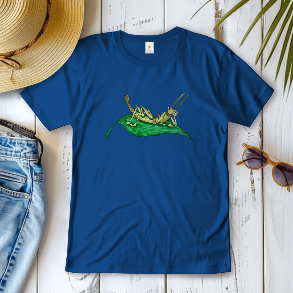 Damen T-Shirt Krabbelcrew Dornschrecke Kasimir liegt auf einem Blatt