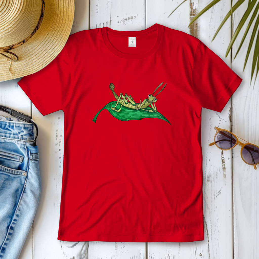 Damen T-Shirt Krabbelcrew Dornschrecke Kasimir liegt auf einem Blatt