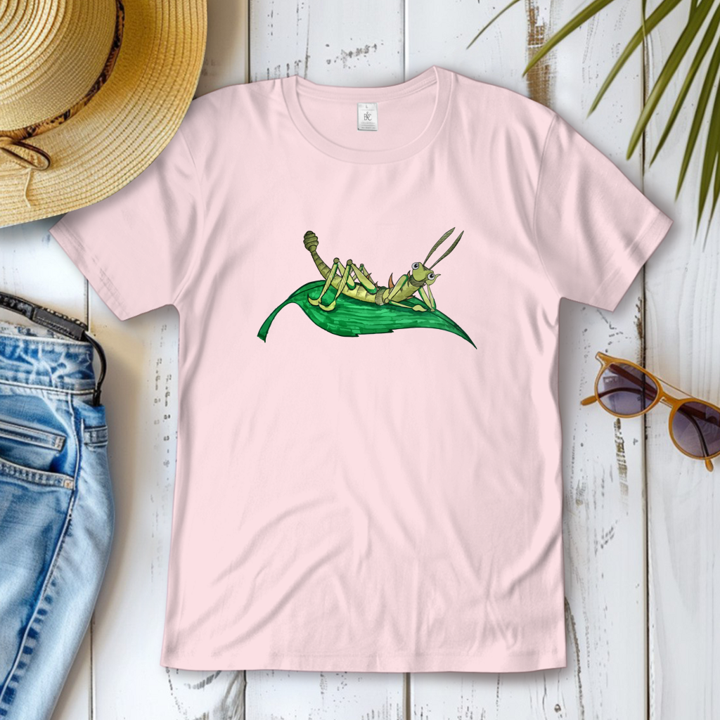 Damen T-Shirt Krabbelcrew Dornschrecke Kasimir liegt auf einem Blatt