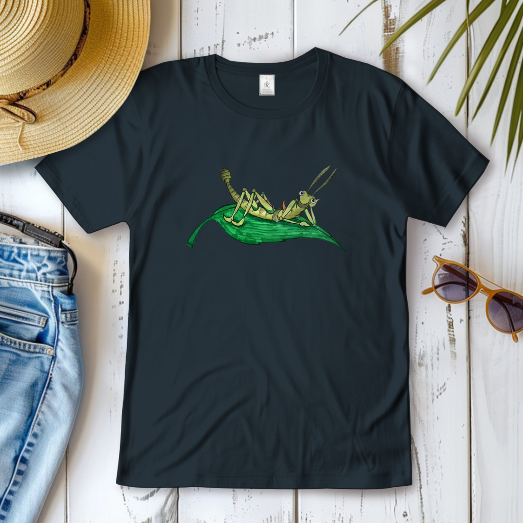 Damen T-Shirt Krabbelcrew Dornschrecke Kasimir liegt auf einem Blatt