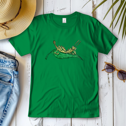 Damen T-Shirt Krabbelcrew Dornschrecke Kasimir liegt auf einem Blatt