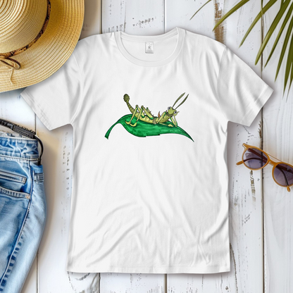 Damen T-Shirt Krabbelcrew Dornschrecke Kasimir liegt auf einem Blatt