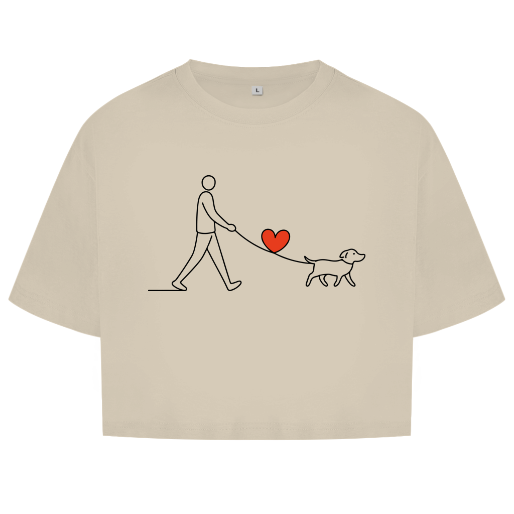 Damen Oversize Crop Top Hundespaziergang mit Herz und Leine