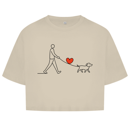 Damen Oversize Crop Top Hundespaziergang mit Herz und Leine