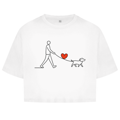 Damen Oversize Crop Top Hundespaziergang mit Herz und Leine