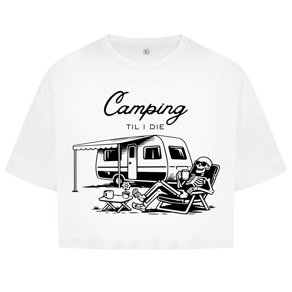 Damen Oversize Crop Top Camping til i die