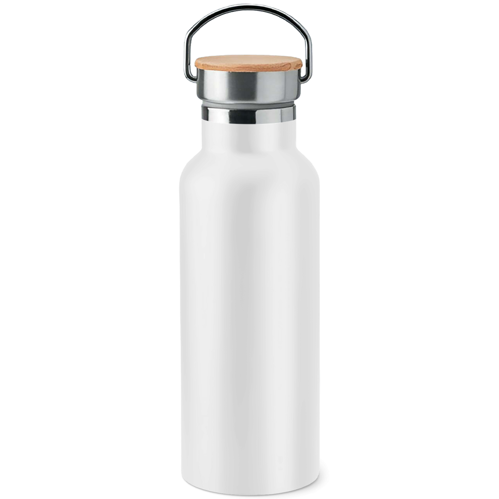 Edelstahl-Trinkflasche mit Bambusdeckel Umlaute sind blod