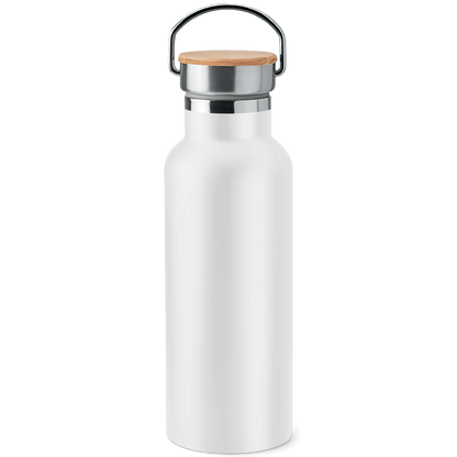 Edelstahl-Trinkflasche mit Bambusdeckel Umlaute sind blod
