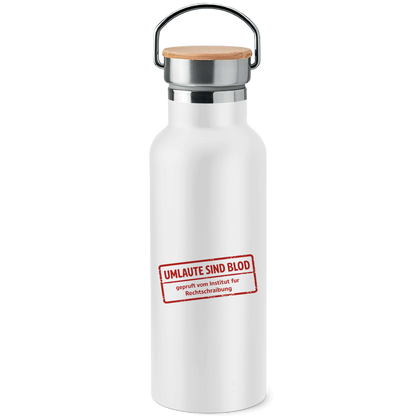 Edelstahl-Trinkflasche mit Bambusdeckel Umlaute sind blod