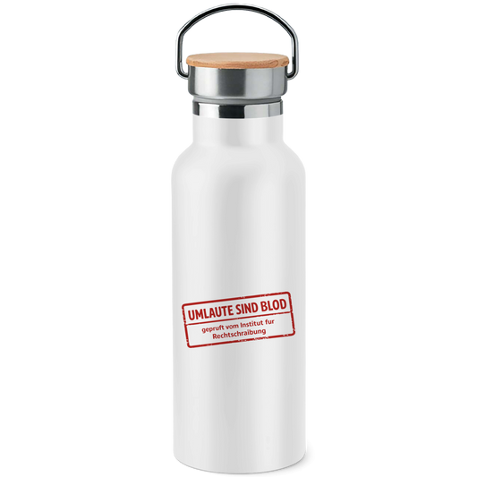 Edelstahl-Trinkflasche mit Bambusdeckel Umlaute sind blod