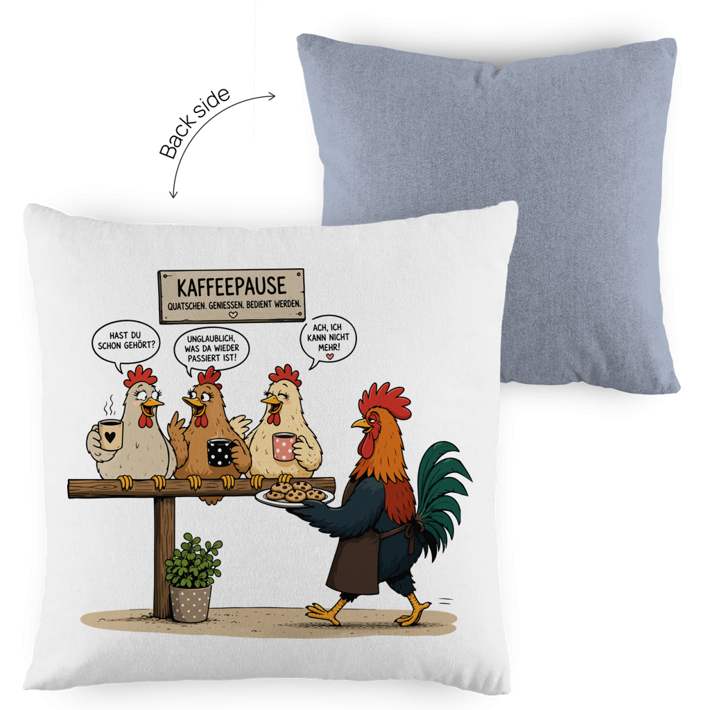 Kopfkissen zweifarbig Kaffeepause Hühner