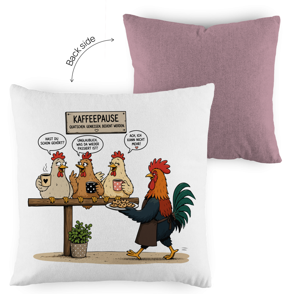 Kopfkissen zweifarbig Kaffeepause Hühner