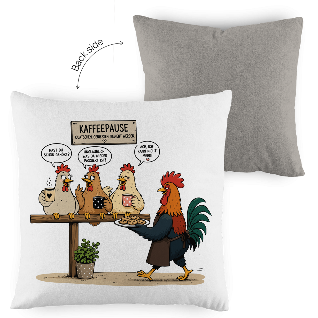 Kopfkissen zweifarbig Kaffeepause Hühner