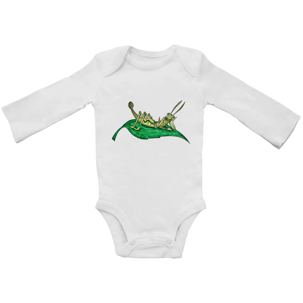Baby Bio Bodysuite Langarm Krabbelcrew Dornschrecke Kasimir liegt auf einem Blatt