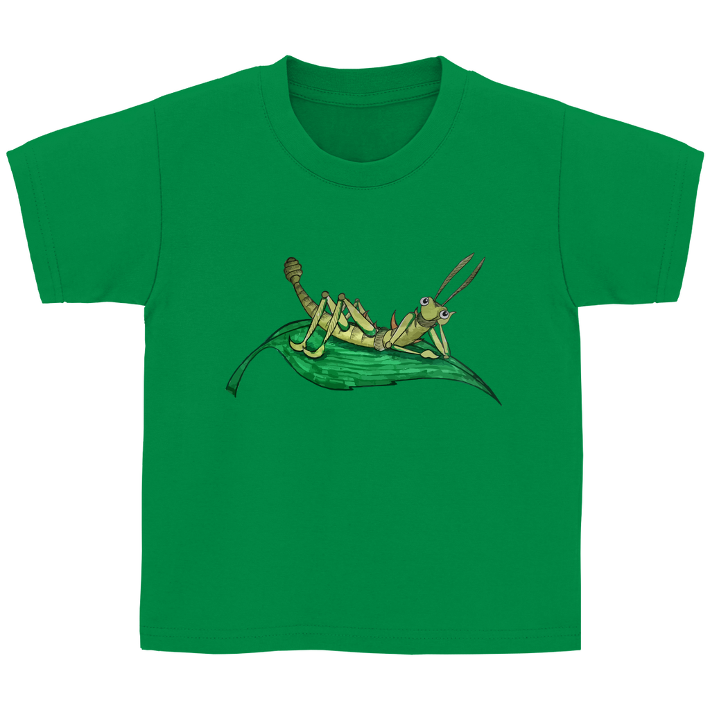 Kinder Basic T-Shirt Krabbelcrew Dornschrecke Kasimir liegt auf einem Blatt