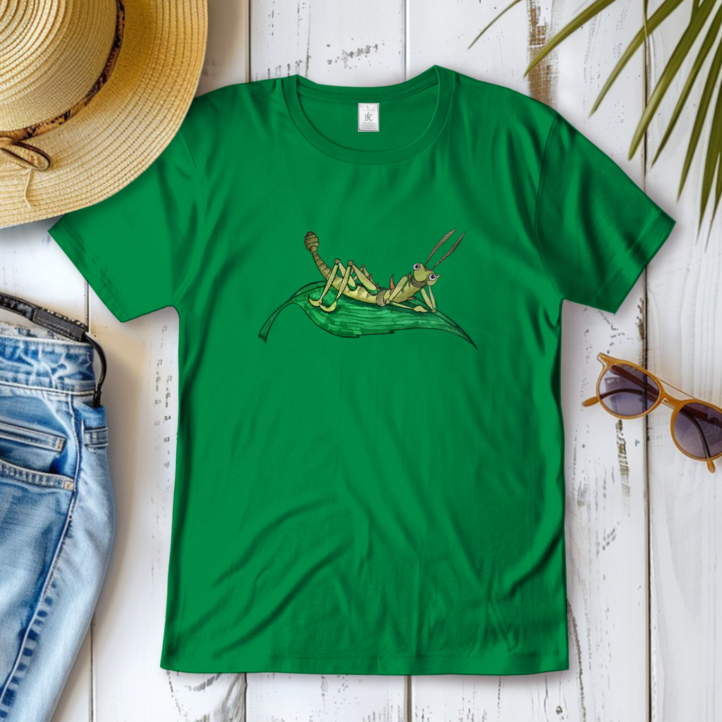 Damen T-Shirt Krabbelcrew Dornschrecke Kasimir liegt auf einem Blatt