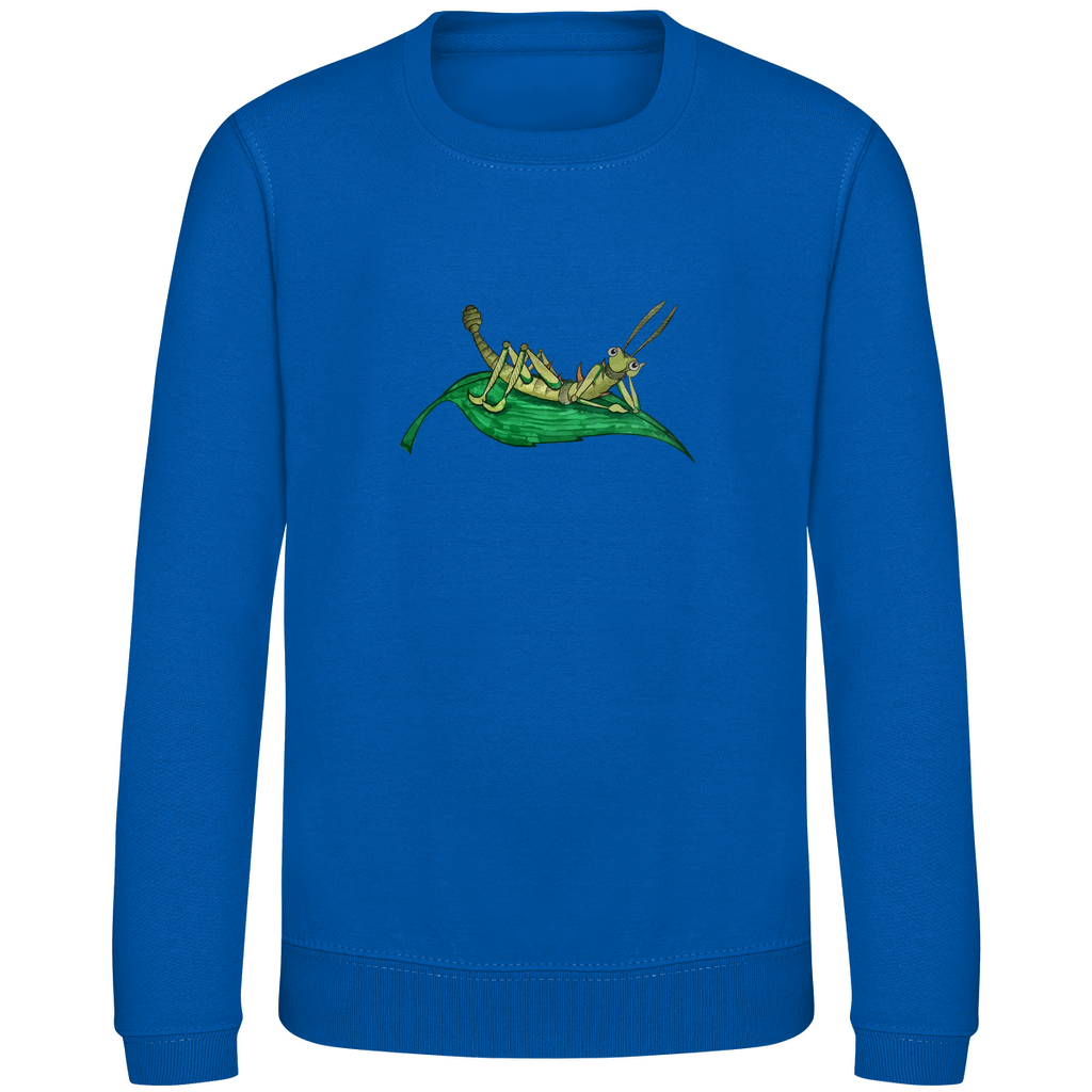 Kinder Sweatshirt Krabbelcrew Dornschrecke Kasimir liegt auf einem Blatt