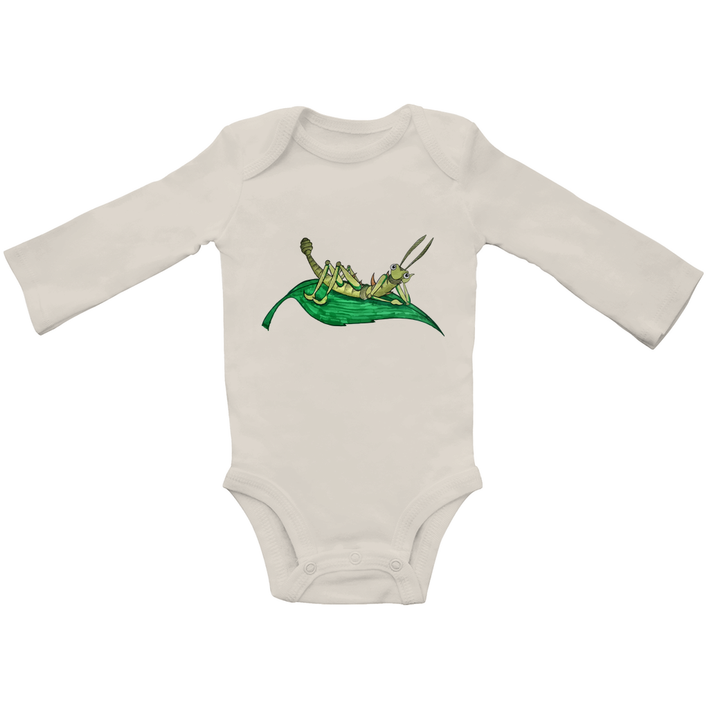 Baby Bio Bodysuite Langarm Krabbelcrew Dornschrecke Kasimir liegt auf einem Blatt